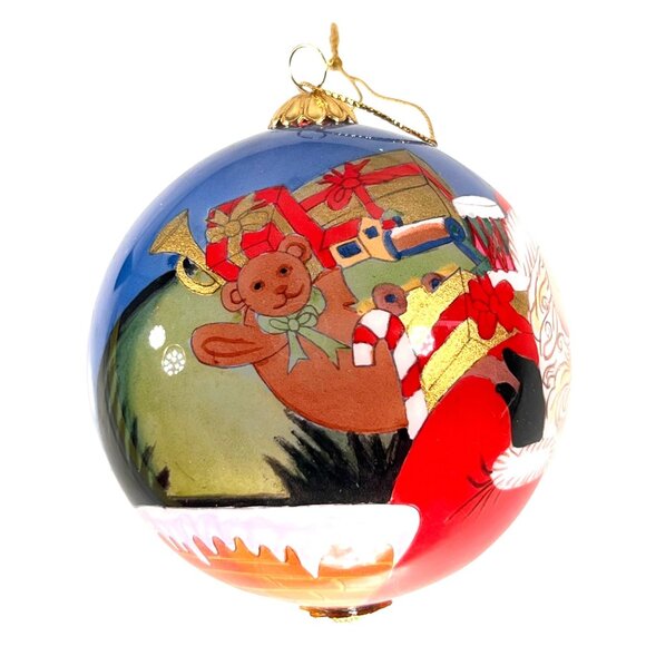 Vtg 2001 Li Bien Reverse Painted Glass Ornament Santa Reindeer Gifts Velvet Box - Picture 7 of 13